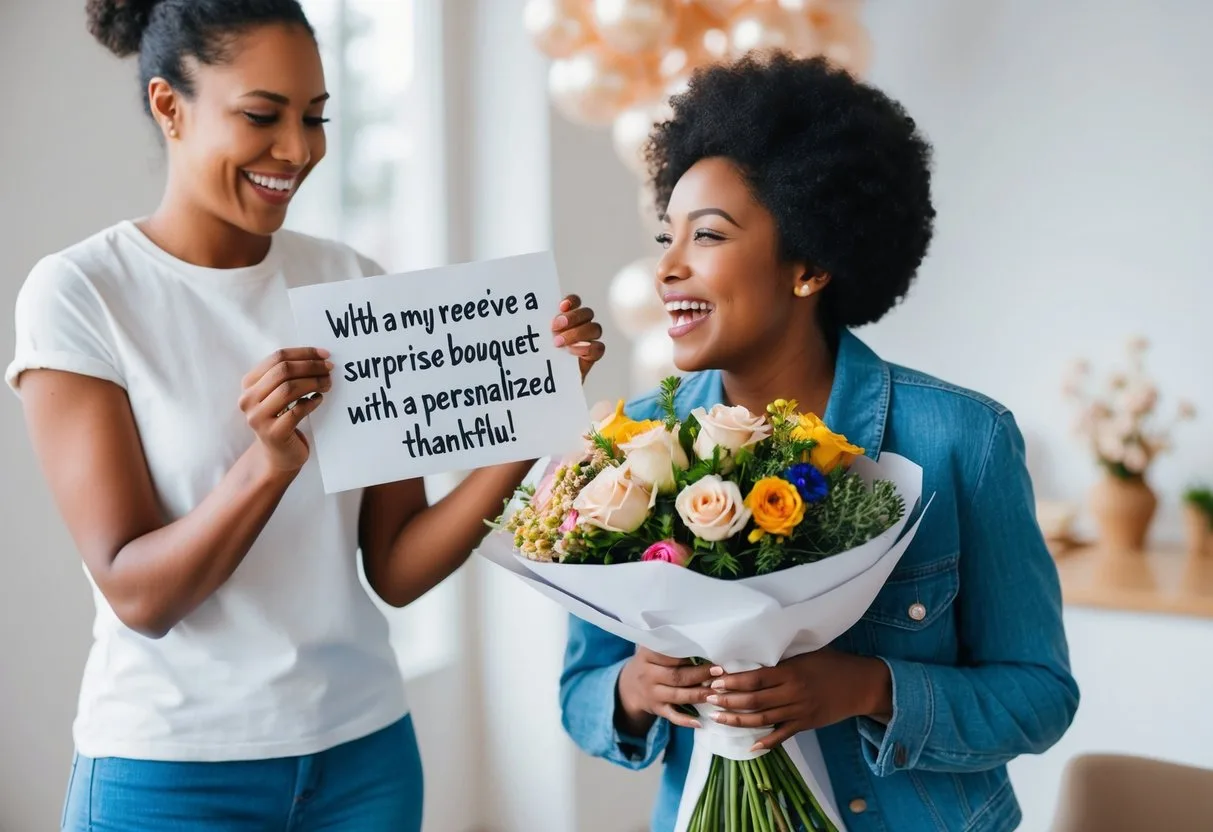 En person modtager en overraskelsesbuket blomster med en personlig besked som udtrykker glæde og taknemmelighed